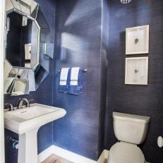 Glam Powder Room with Charcoal Wallpaper