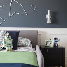 Robot Throw Pillow and Nightstand in Boys Space Inspired Room