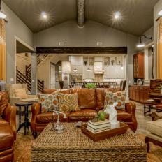 Country Gray Great Room With Leather Couch