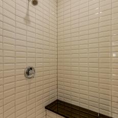 White Subway Tile Shower With Black Shower Bench