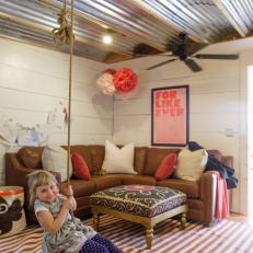 Red and White Family Den With Ceiling Hung Kids' Swing