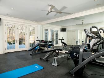 White Home Gym With French Doors