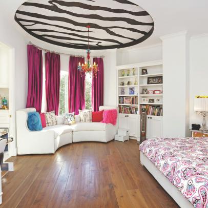 Eclectic Girl's Bedroom With Zebra-Print Tray Ceiling 