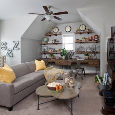 Rustic Family Room With Gray Sofa