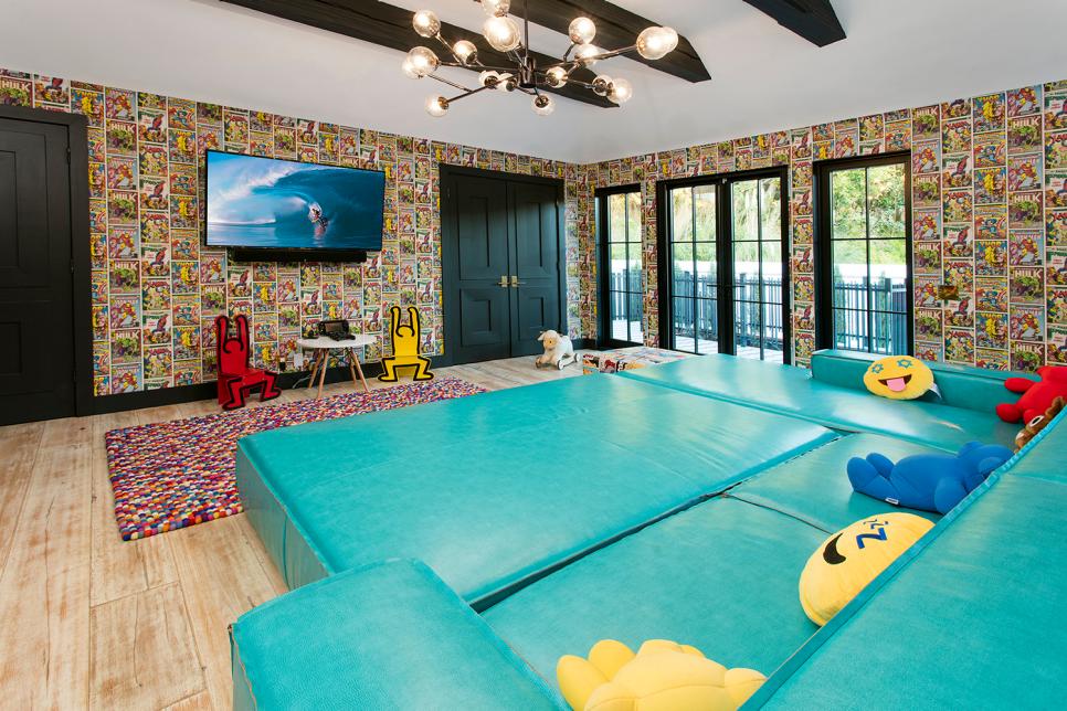 Turquoise Sectional In Colorful Eclectic Playroom