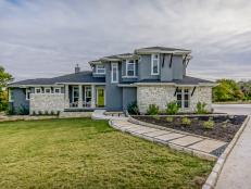 Gray-Blue Home Exterior With Neutral Stone Walkway
