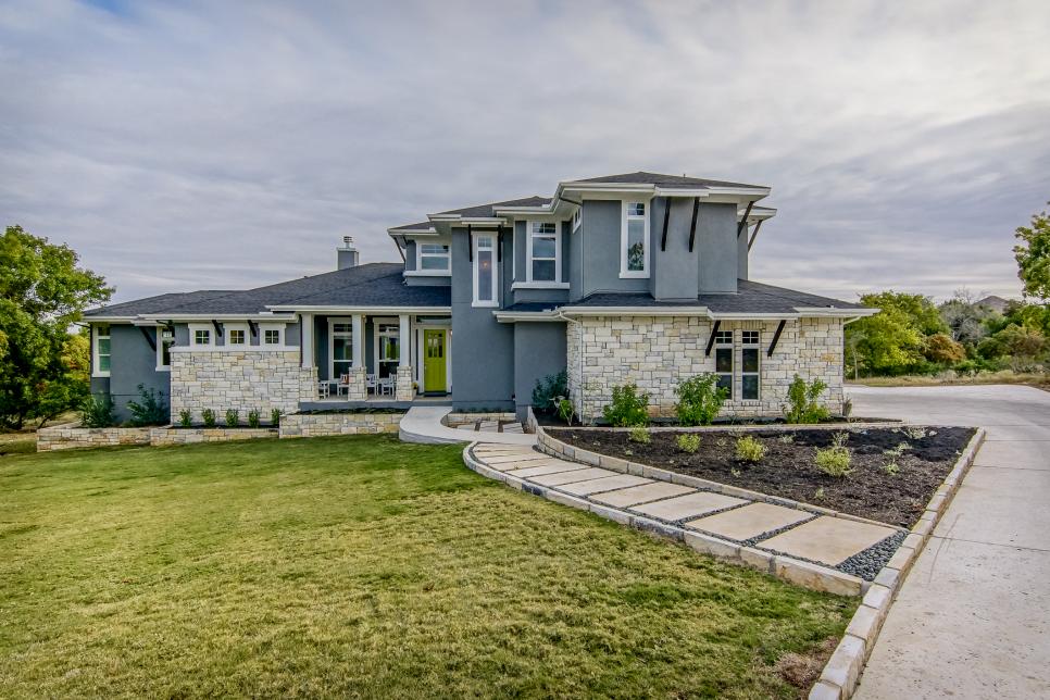 Gray-Blue Home Exterior With Neutral Stone Walkway