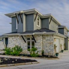 Craftsman Home Stucco and Neutral Stone Brick Exterior