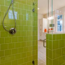 Glass Enclosed Shower With Lime Green Tiles