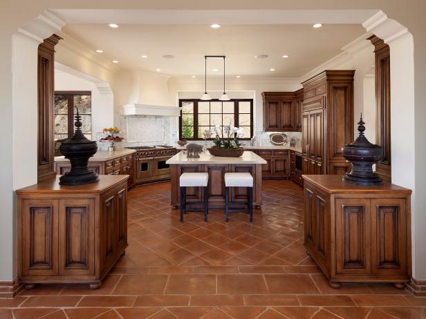 Mediterranean Style Open Kitchen With Red Clay Tile Floors | HGTV