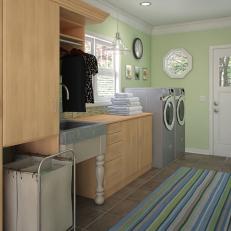 Green Cottage Laundry Room With Striped Rug