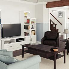 White Transitional Living Room With Entertainment Center