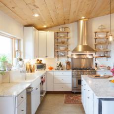 French Country Kitchen With Natural Wood Plank Ceiling