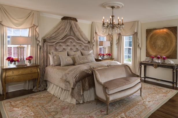 Victorian Master Bedroom With Plush Neutral Bedding Velvet