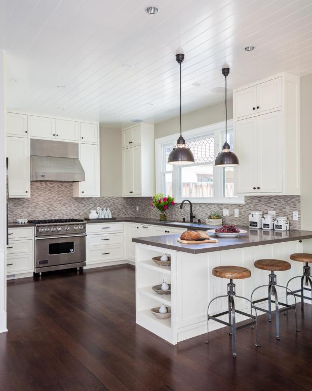 Spacious Traditional Kitchen With Intriguing Wood Seat Barstools ...