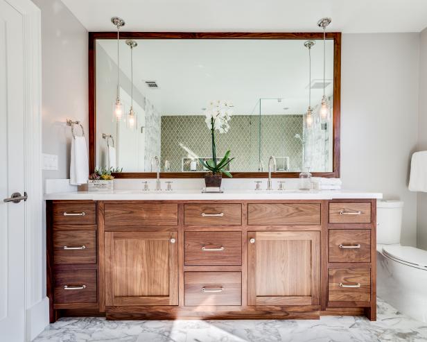 Gorgeous, Large Wood Vanity in Transitional Bathroom With White Marble