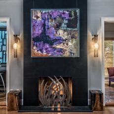 Contemporary, Artistic Fireplace With Black Fireplace Surround, Metal Flame Cover and Large Canvas Artwork 
