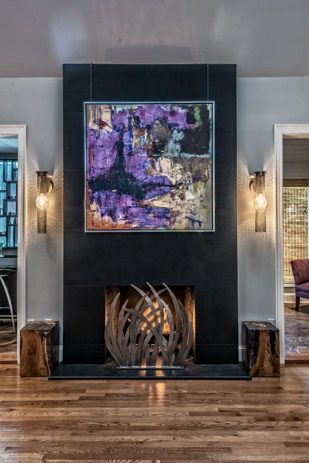 Contemporary, Artistic Fireplace With Black Fireplace Surround, Metal