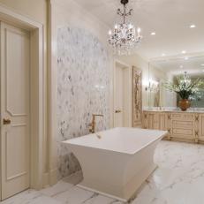 Sparkling Traditional Bathroom With Marble Floor, Full-Wall Vanity and Warped Rectangle Floating Bathtub 