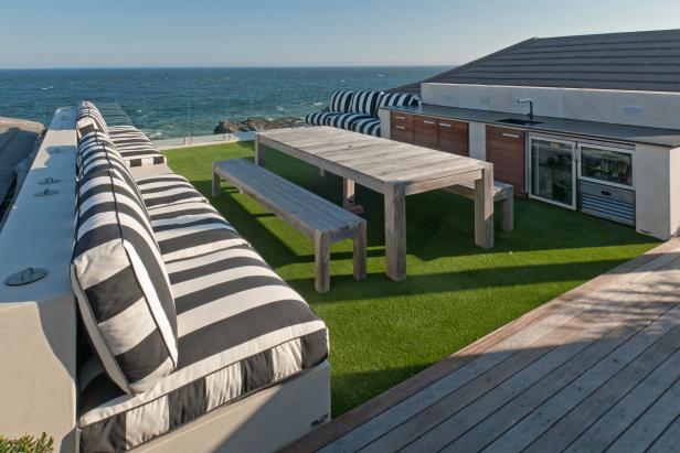 Rooftop Patio With Black And White Striped Outdoor Cushions Hgtv