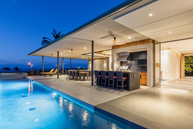 Contemporary Outdoor Kitchen And Swimming Pool