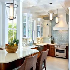 White Transitional Kitchen With Barstools
