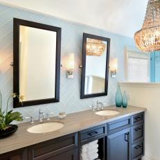 Blue Transitional Bathroom With Gold Chandellier