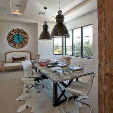 Eclectic Home Office With Industrial Pendant Lights