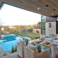 Contemporary Pool And Porch With Pine Ceiling