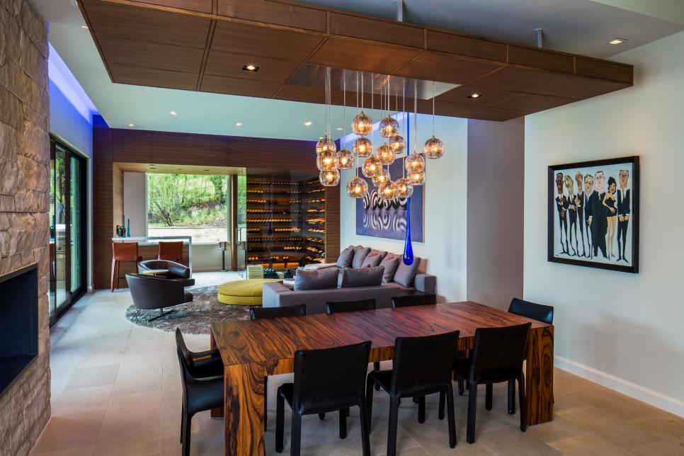 Contemporary Living Room and Dining Room, Wet Bar, Wine Room