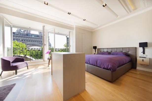 Minimal White Apartment Bedroom With Purple Accents Hgtv