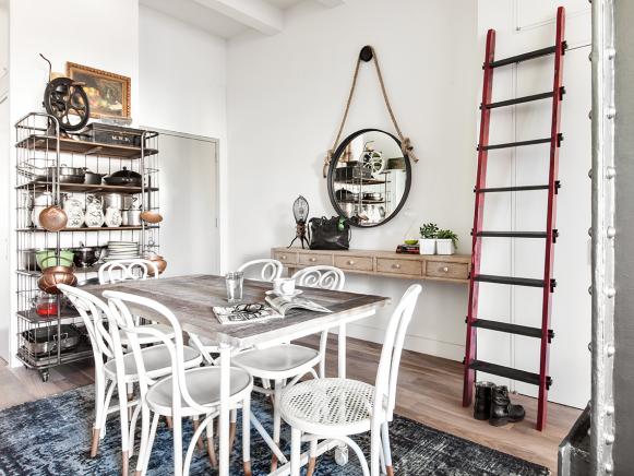 Hanging Mirror in Vintage Meets Modern Dining Room