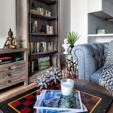 Vintage Meets Modern Table and Bookcase in Living Room