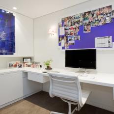 Modern White Home Office With Bold Purple Bulletin Board