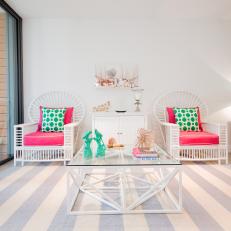 Preppy Coastal Living Room With Glass Coffee Table
