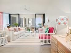 White Coastal Living Room With Hot-Pink Cushions