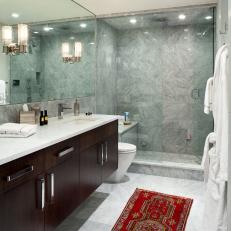Contemporary Double Vanity Bathroom With Glass Enclosed Shower