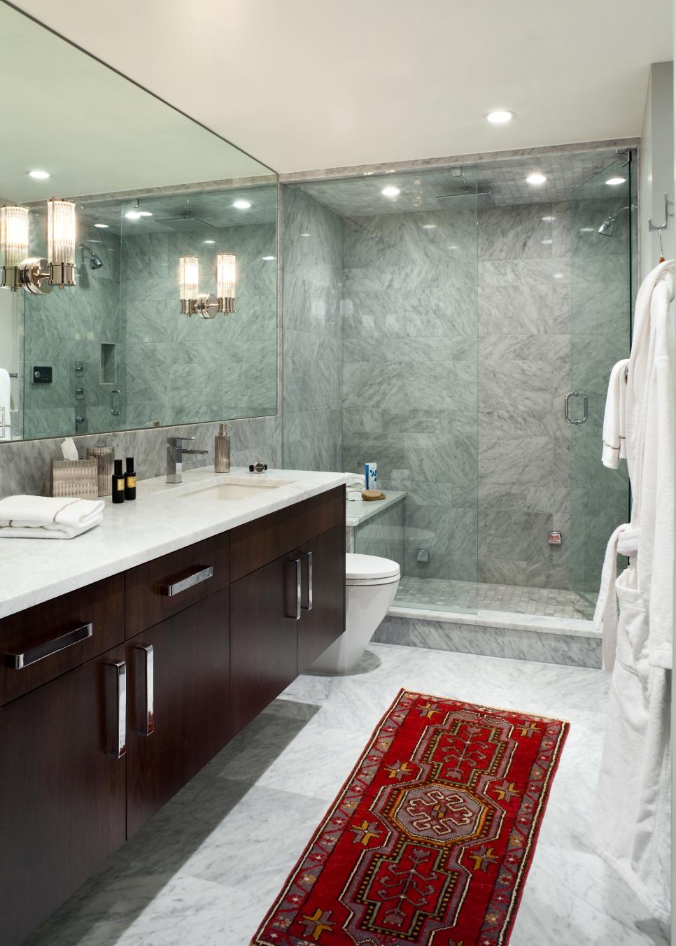 Contemporary Double Vanity Bathroom With Glass Enclosed Shower | HGTV