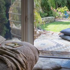 Eclectic Patio Outside Bedroom With Kilim Rug