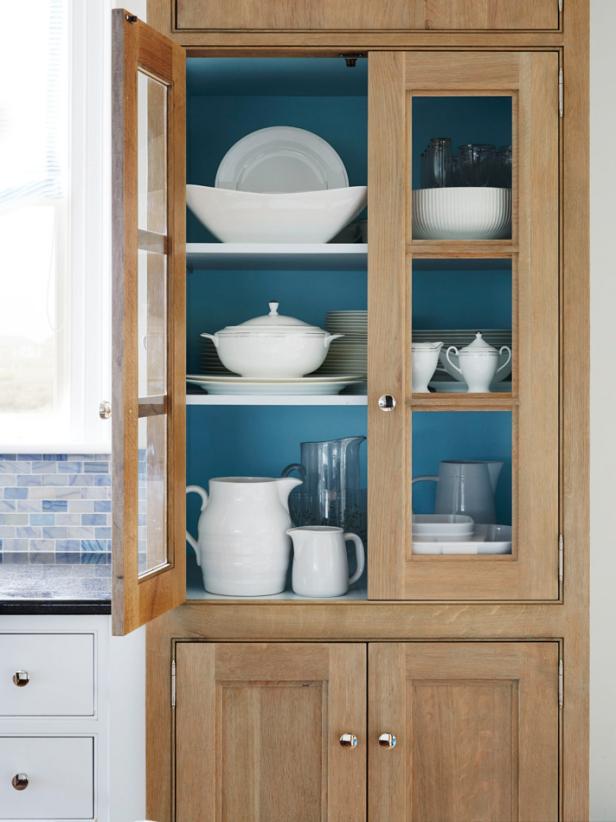 Wood China Cabinet With Blue Interior