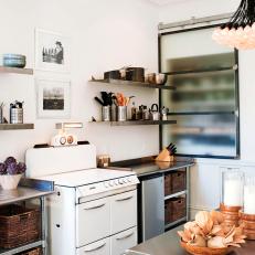 Cute Country Kitchen With White Oven and Stove, Frosted Glass Cabinet and Wicker Basket Storage 