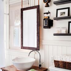 Gorgeous, Bright Country Bathroom With Rope-Hung Wood Mirror, Natural Wood Vanity Table and White Vessel Sink