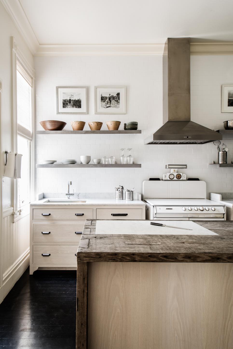 Floating Shelves, Natural Wood Island and White Subway Tile Backsplash