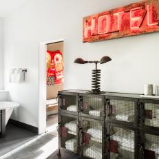 Contemporary Country Bathroom With Neon Sign