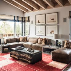 Neutral Rustic Contemporary Living Room With Red Rug