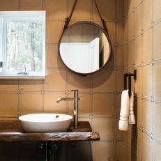 Neutral Rustic Small Bathroom With Round Mirror