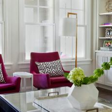 Eclectic White Living Room With Magenta Velvet Chairs