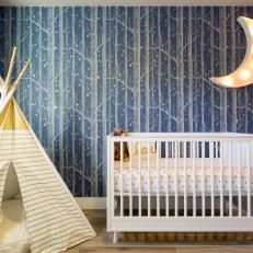 Blue Nursery With Tree Wallpaper and Moon