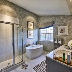 Contemporary Bathroom With Graphic Wallpaper