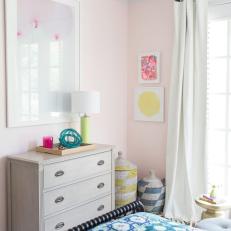 Pink Transitional Bedroom With White Dresser